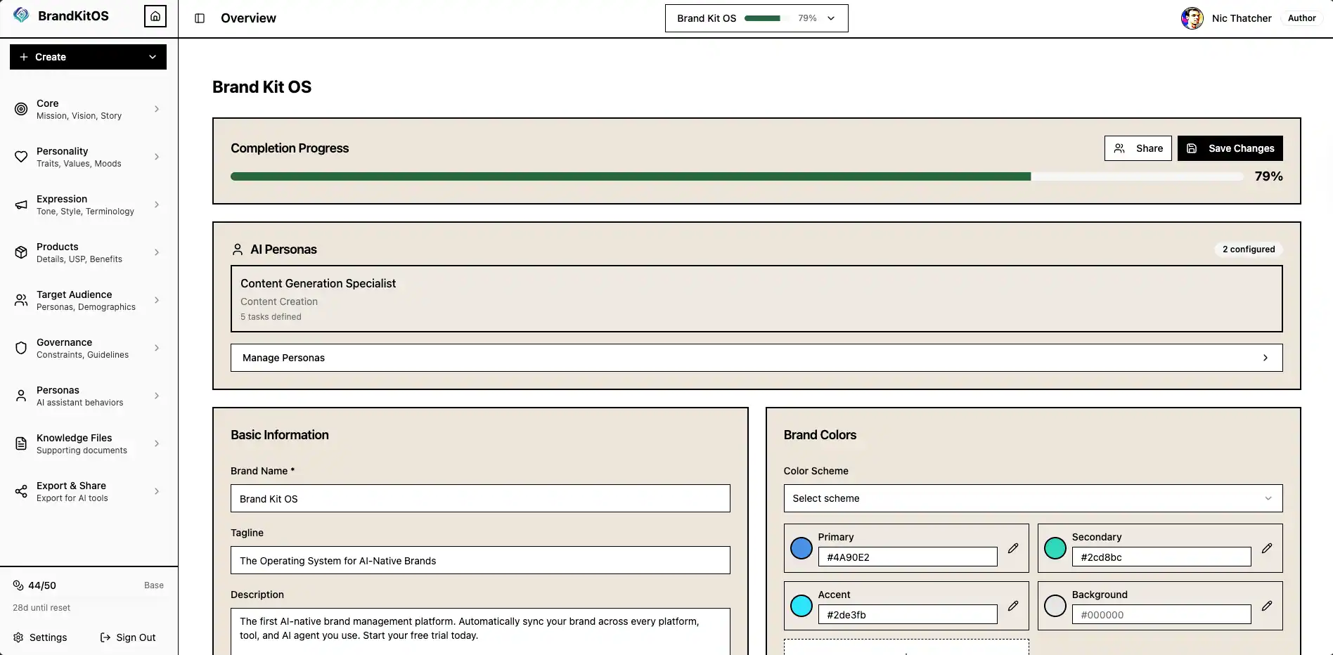 Brand Kit OS Overview page showing UI colors, typography, and logo assets